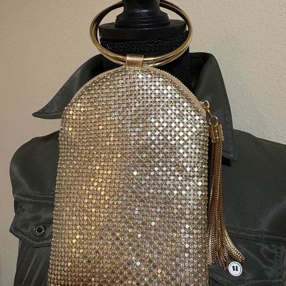 Starlet Gold Crystal Mesh Wristlet Clutch Bracelet Handle Tassel Evening Bag NWT